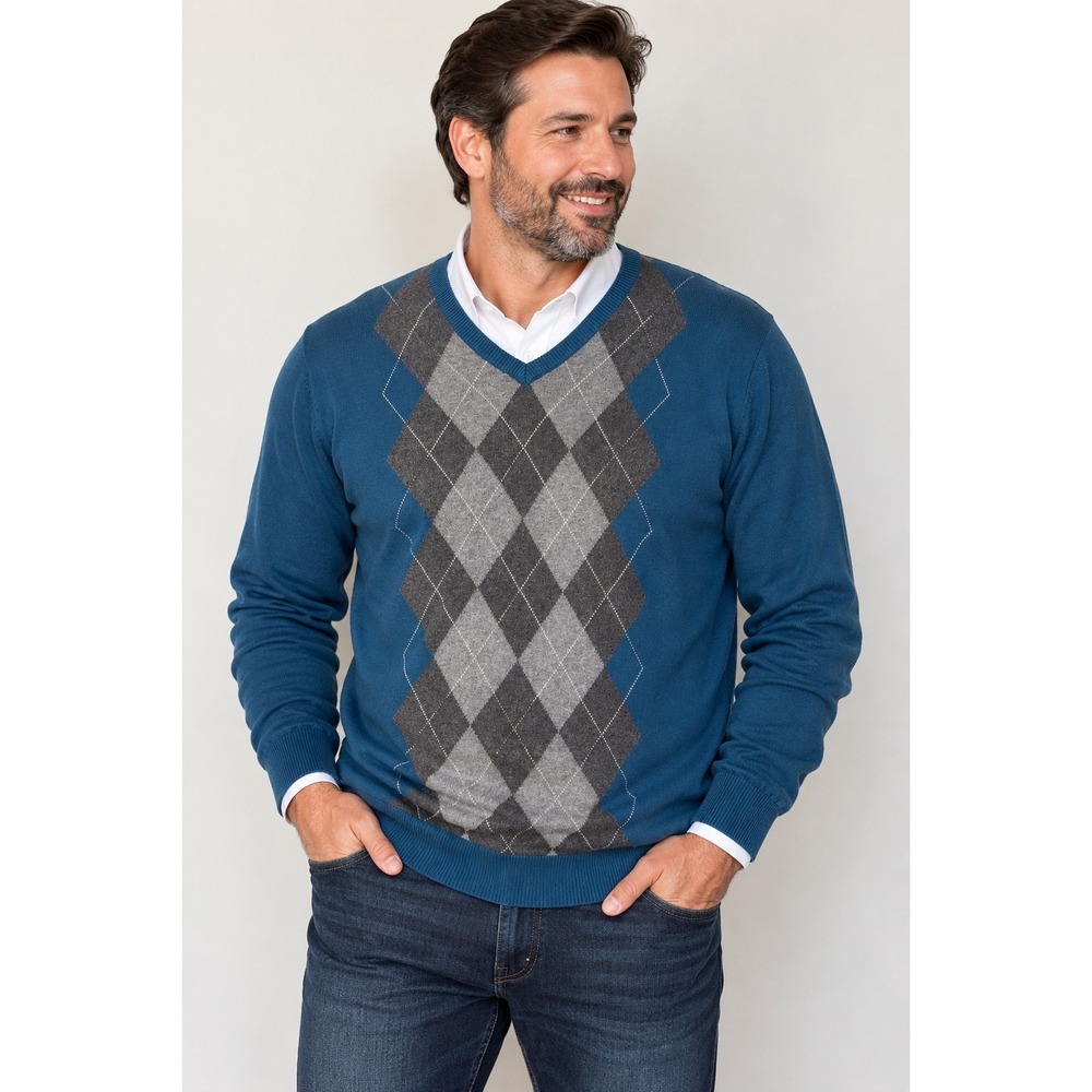 Claiborne Mens Argyle V-Neck Sweater XXL Majolica Blue 100% Cotton Pullover